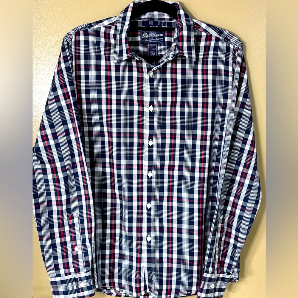AMERICAN RAG Men's Plaid Button Down Shirt - Navy and Red
Size Medium